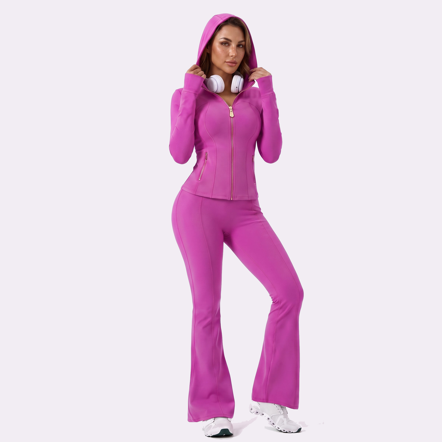 Hooded Gold‑Zip & Gold Zipper Flare Leggings Set