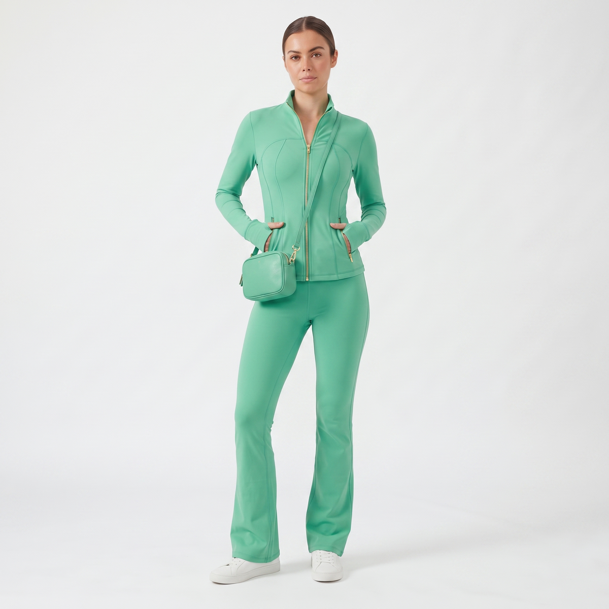 Gold‑Zipper Jacket & Flare Leggings Set