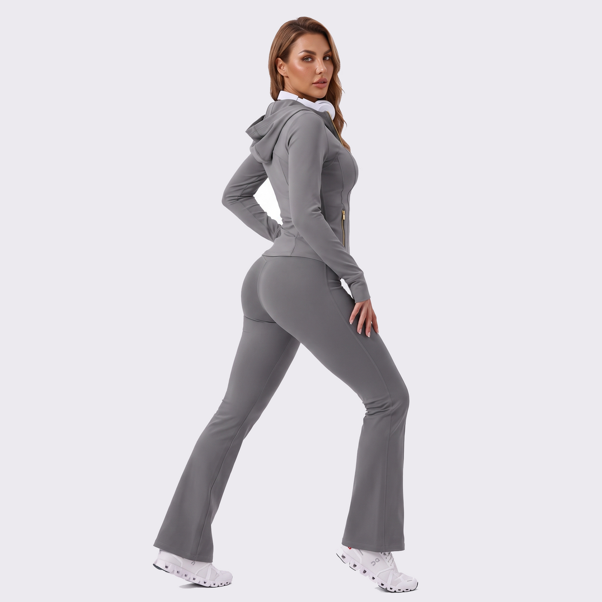 Hooded Gold‑Zip & Gold Zipper Flare Leggings Set