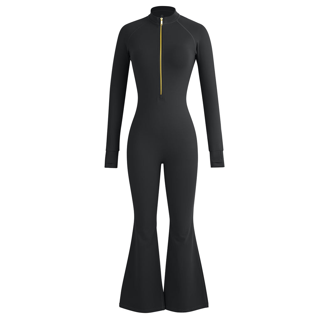 Uncia Active Half Zip Long Sleeve Flare Yoga Jumpsuit | Slim Fit Activewear Onesie for Women