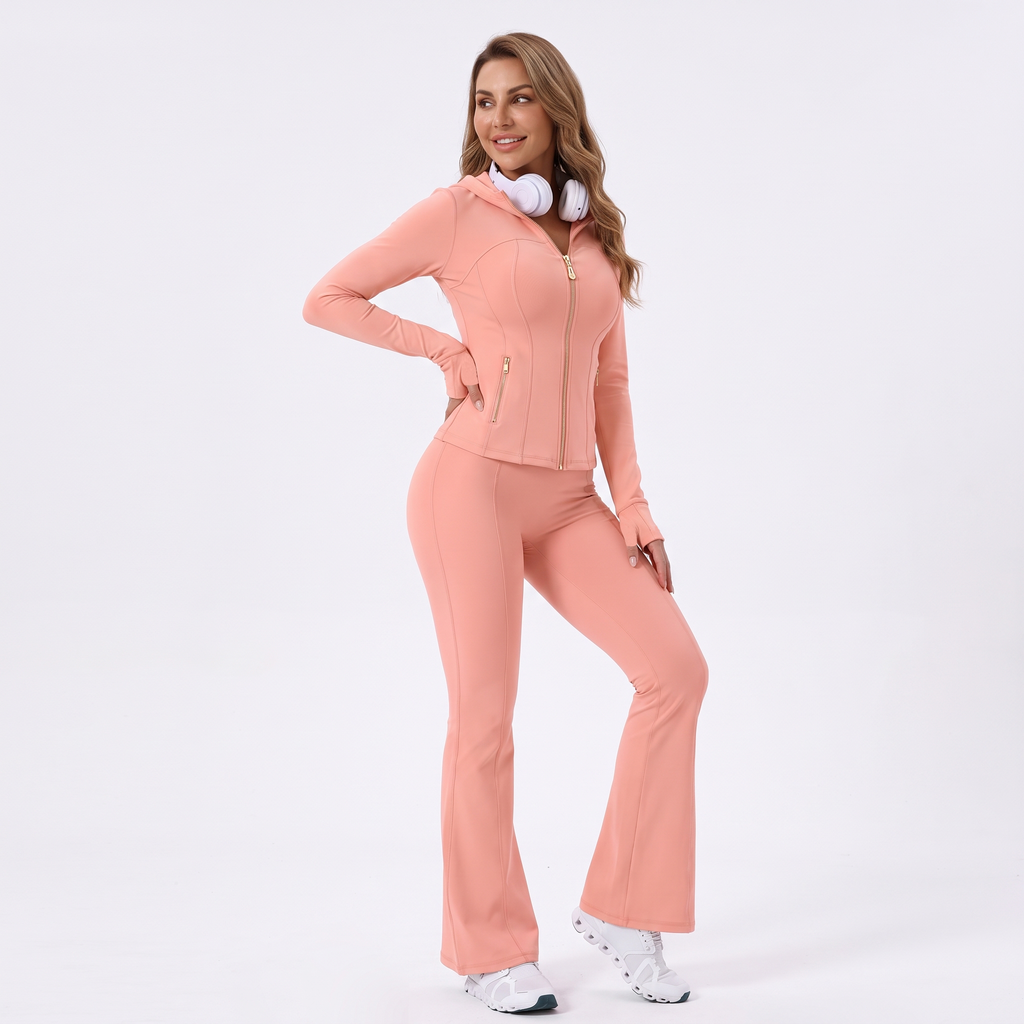 Hooded Gold‑Zip & Gold Zipper Flare Leggings Set