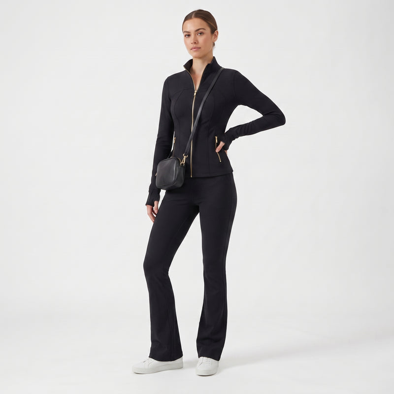 Gold‑Zipper Jacket & Flare Leggings Set