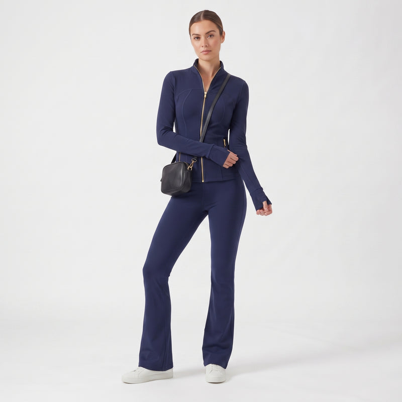 Gold‑Zipper Jacket & Flare Leggings Set