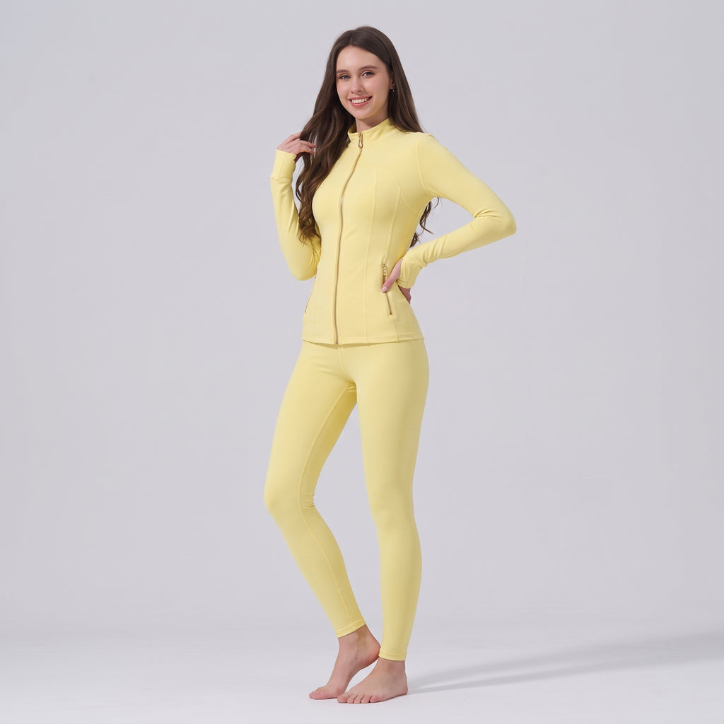 Uncia Active Women’s 2 Piece Activewear Set | Gold Zip Stand Collar Jacket & High Waist  Leggings
