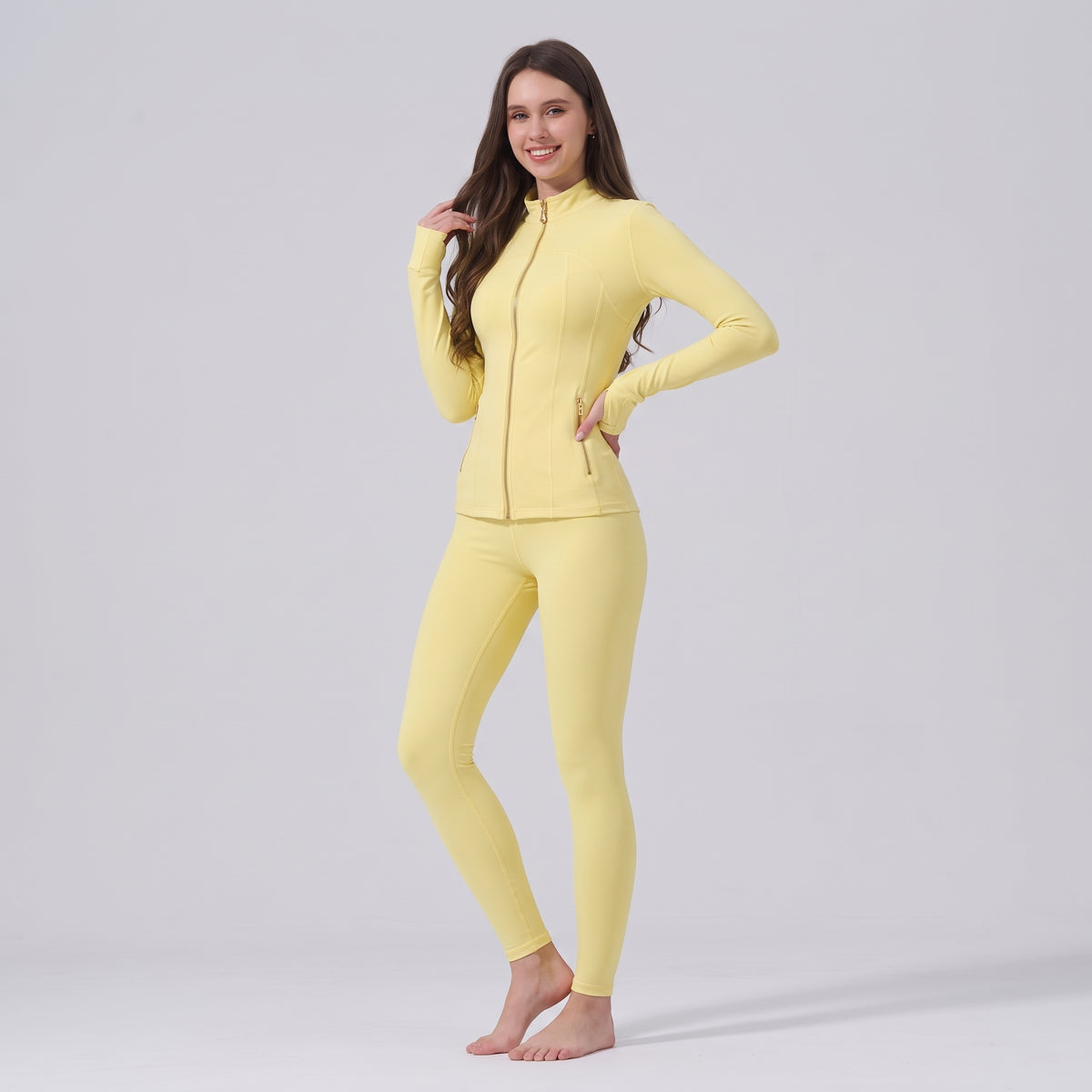 Uncia Active Women’s 2 Piece Activewear Set | Gold Zip Stand Collar Jacket & High Waist  Leggings