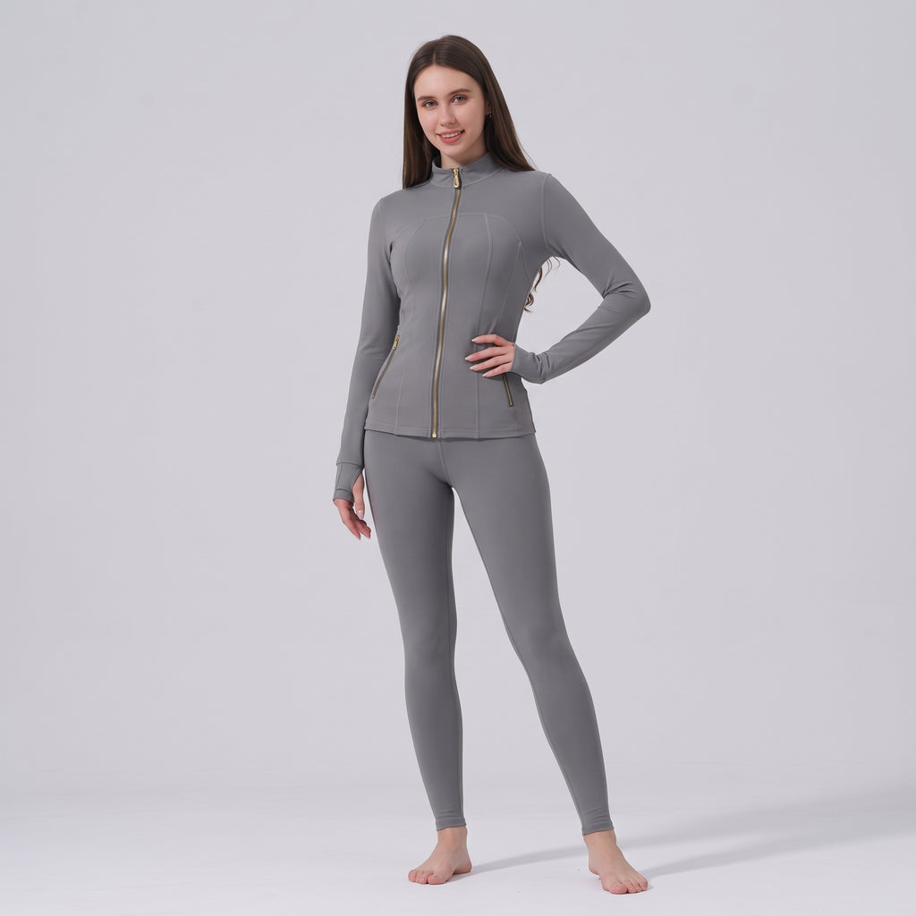 Uncia Active Women’s 2 Piece Activewear Set | Gold Zip Stand Collar Jacket & High Waist  Leggings