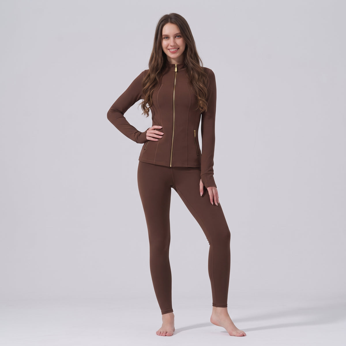 Uncia Active Women’s 2 Piece Activewear Set | Gold Zip Stand Collar Jacket & High Waist  Leggings