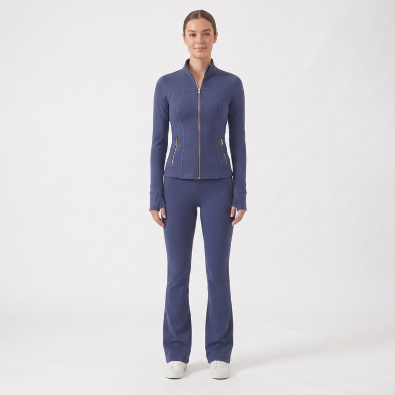 Gold‑Zipper Jacket & Flare Leggings Set