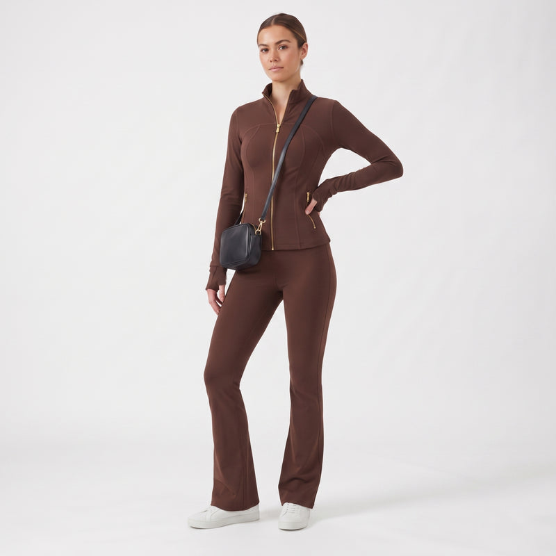Gold‑Zipper Jacket & Flare Leggings Set
