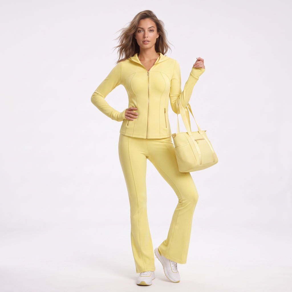 Gold‑Zipper Hood Jacket & Flare Leggings Set