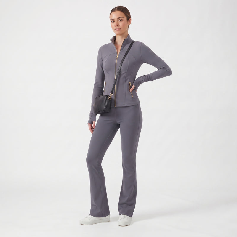 Gold‑Zipper Jacket & Flare Leggings Set