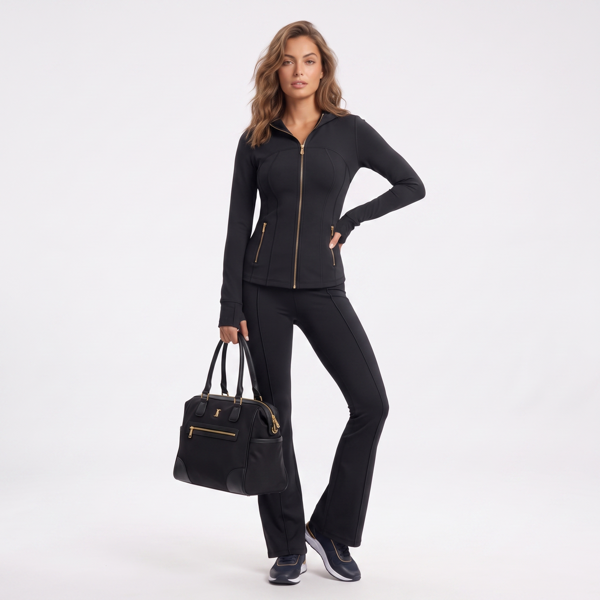 Gold‑Zipper Hood Jacket & Flare Leggings Set