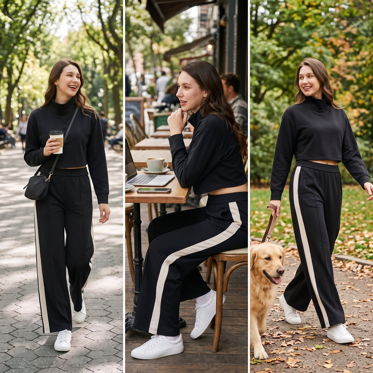 Uncia Active Fleece Lined 2 Piece Outfit | Turtleneck Crop Top & Fleece Lined Leggings
