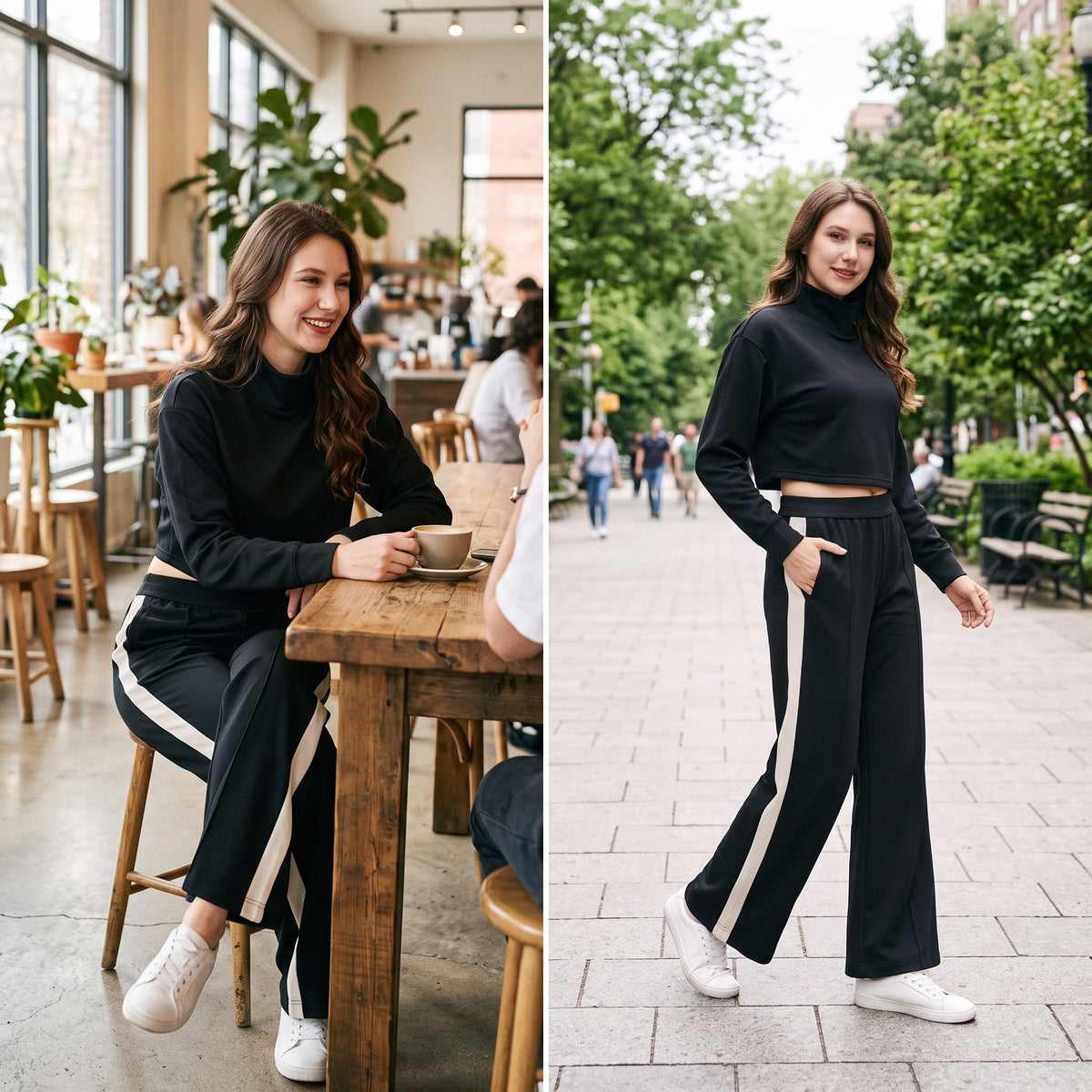 Uncia Active Fleece Lined 2 Piece Outfit | Turtleneck Crop Top & Fleece Lined Leggings