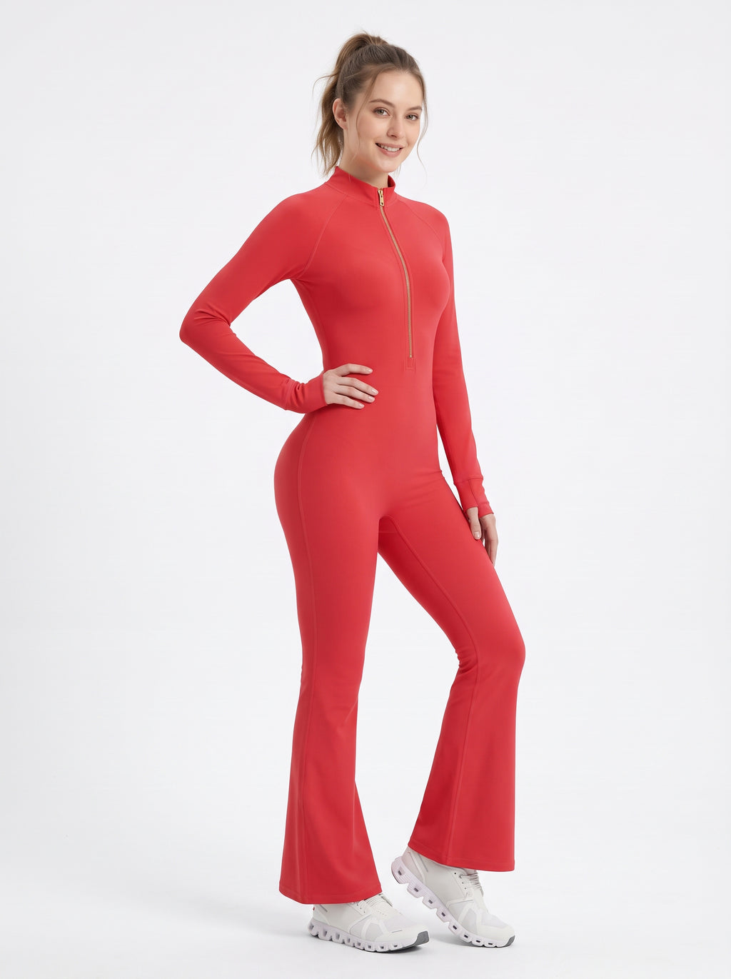 Uncia Active Half Zip Long Sleeve Flare Yoga Jumpsuit | Slim Fit Activewear Onesie for Women