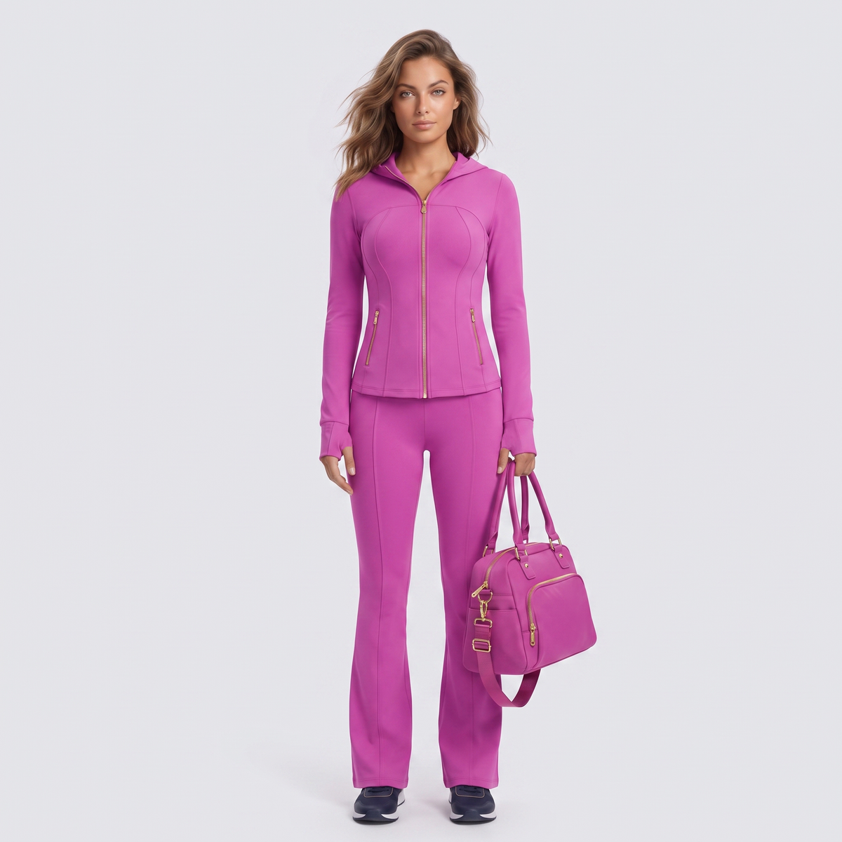Gold‑Zipper Hood Jacket & Flare Leggings Set