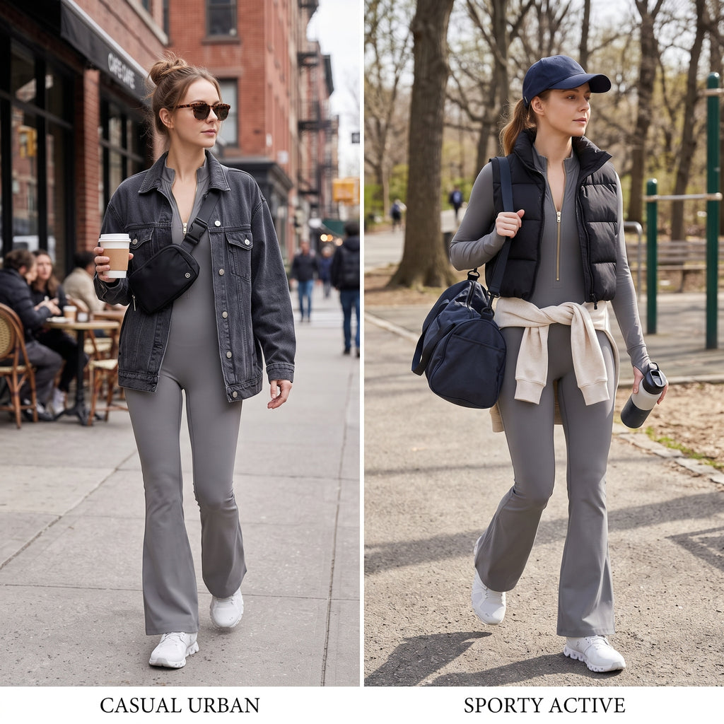 Uncia Active Half Zip Long Sleeve Flare Yoga Jumpsuit | Slim Fit Activewear Onesie for Women