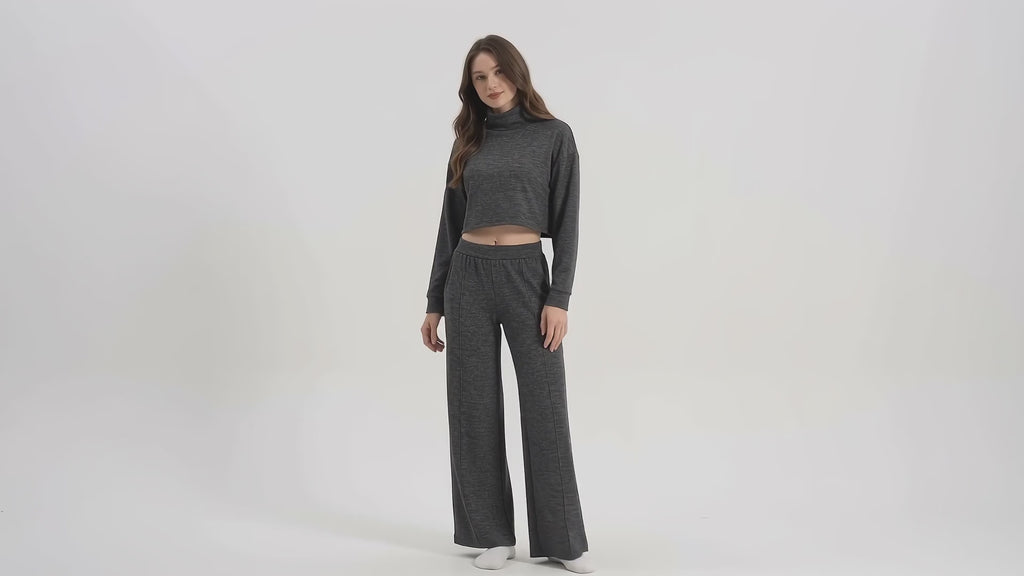 Uncia Active Fleece Lined 2 Piece Outfit | Turtleneck Crop Top & Fleece Lined Leggings
