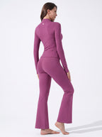 Uncia Active 2 Piece Set: Purple Gold-Zip Jacket & High-Waist Flare Leggings, Four-Way Stretch Activewear for Yoga.