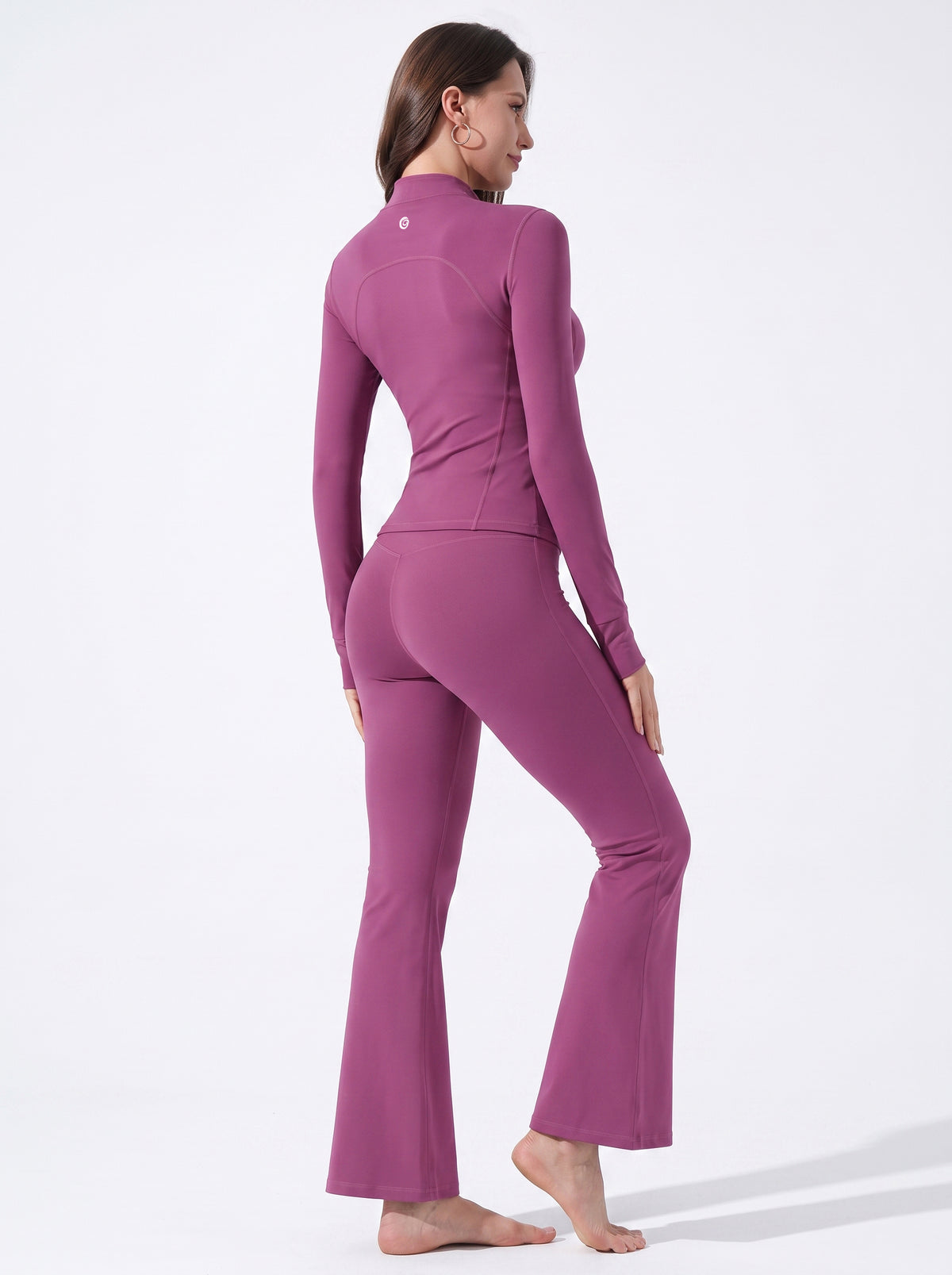 Uncia Active 2 Piece Set: Purple Gold-Zip Jacket & High-Waist Flare Leggings, Four-Way Stretch Activewear for Yoga.
