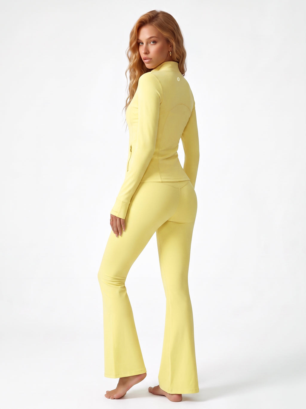Uncia Active 2 Piece Set: Yellow Gold-Zip Jacket & High-Waist Flare Leggings, Four-Way Stretch Activewear for Yoga.