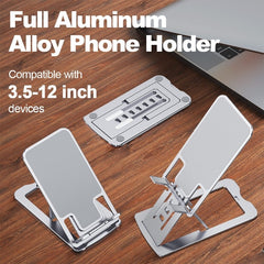 100% Aluminum Alloy Cell Phone and Tablet Adjustable Stand Ultra Thin Pocket Size Space Saving Carry-On, Retractable and Foldable, Sliver