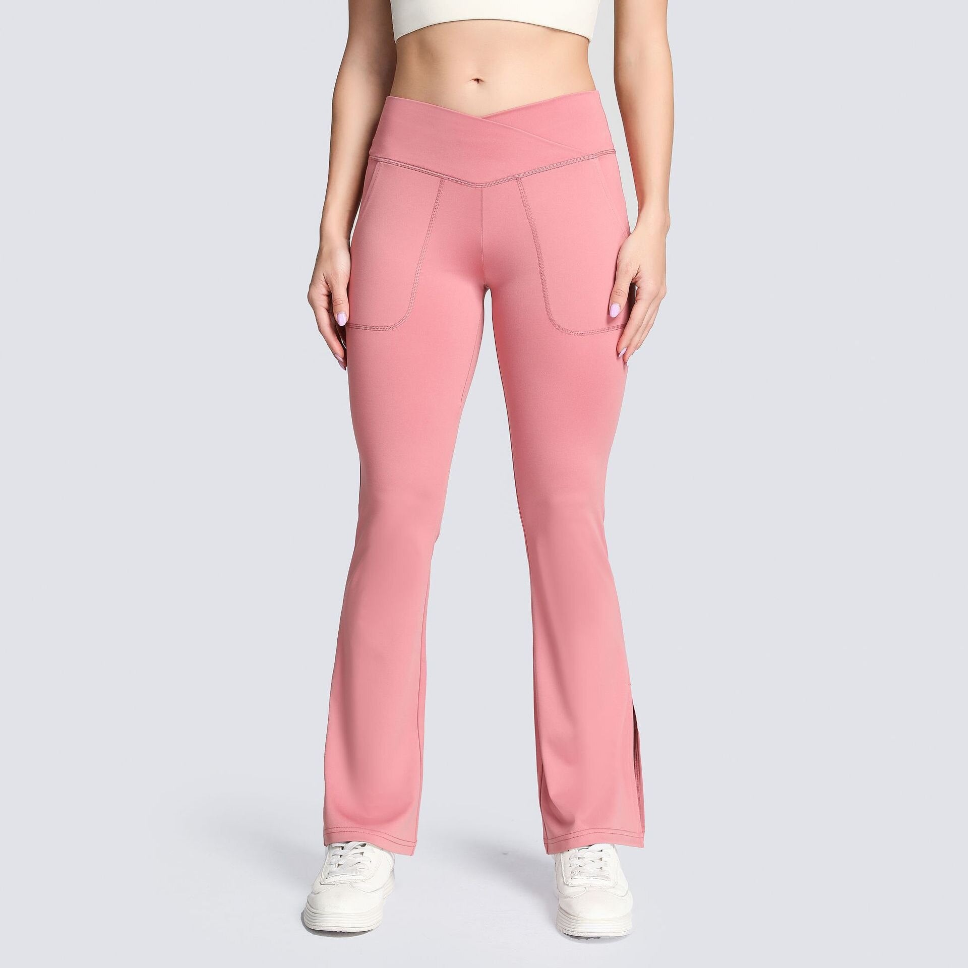Pink Flare Yoga Pants for Women, V Crossover High Waisted Flare
