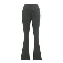 Crossover Split Pants Yoga Pants Elastic High Waist Full Length Flare Pants with Pockets