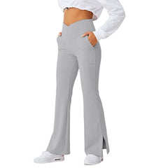 Crossover Split Pants Yoga Pants Elastic High Waist Full Length Flare Pants with Pockets