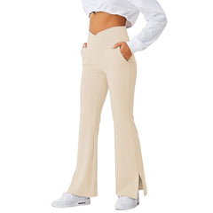 Crossover Split Pants Yoga Pants Elastic High Waist Full Length Flare Pants with Pockets