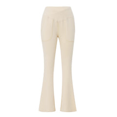 Crossover Split Pants Yoga Pants Elastic High Waist Full Length Flare Pants with Pockets