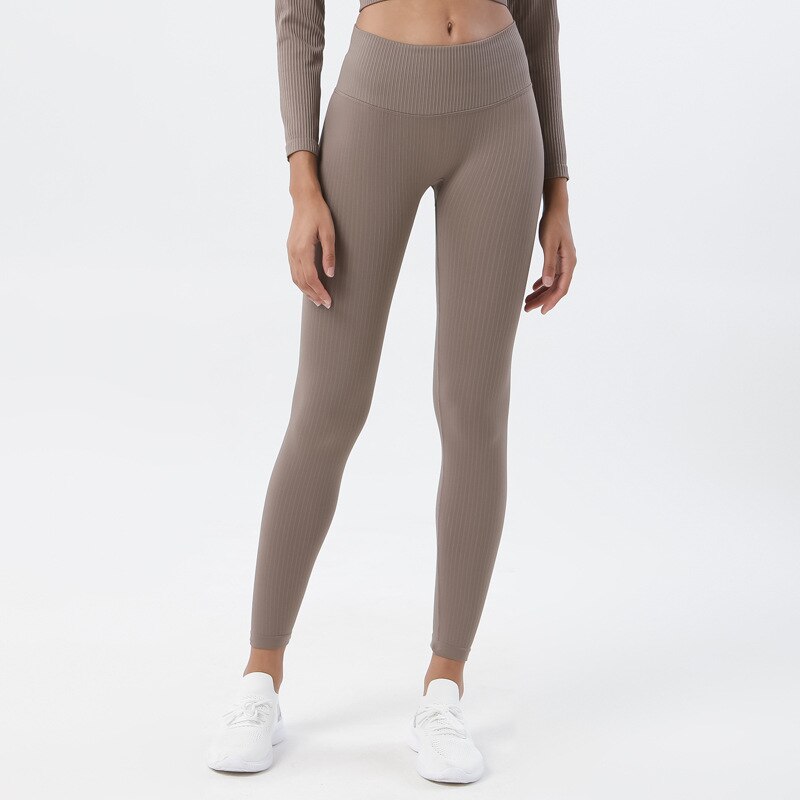Rib Leggings High Waist Soft Ribbed Seamless Push Up Squat Proof Yoga Pants  - Brown / S