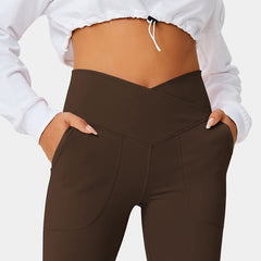 Crossover Split Pants Yoga Pants Elastic High Waist Full Length Flare Pants with Pockets