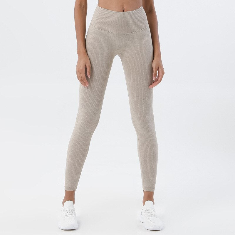 Rib Leggings High Waist Soft Ribbed Seamless Push Up Squat Proof Yoga Pants  - Khaki / S